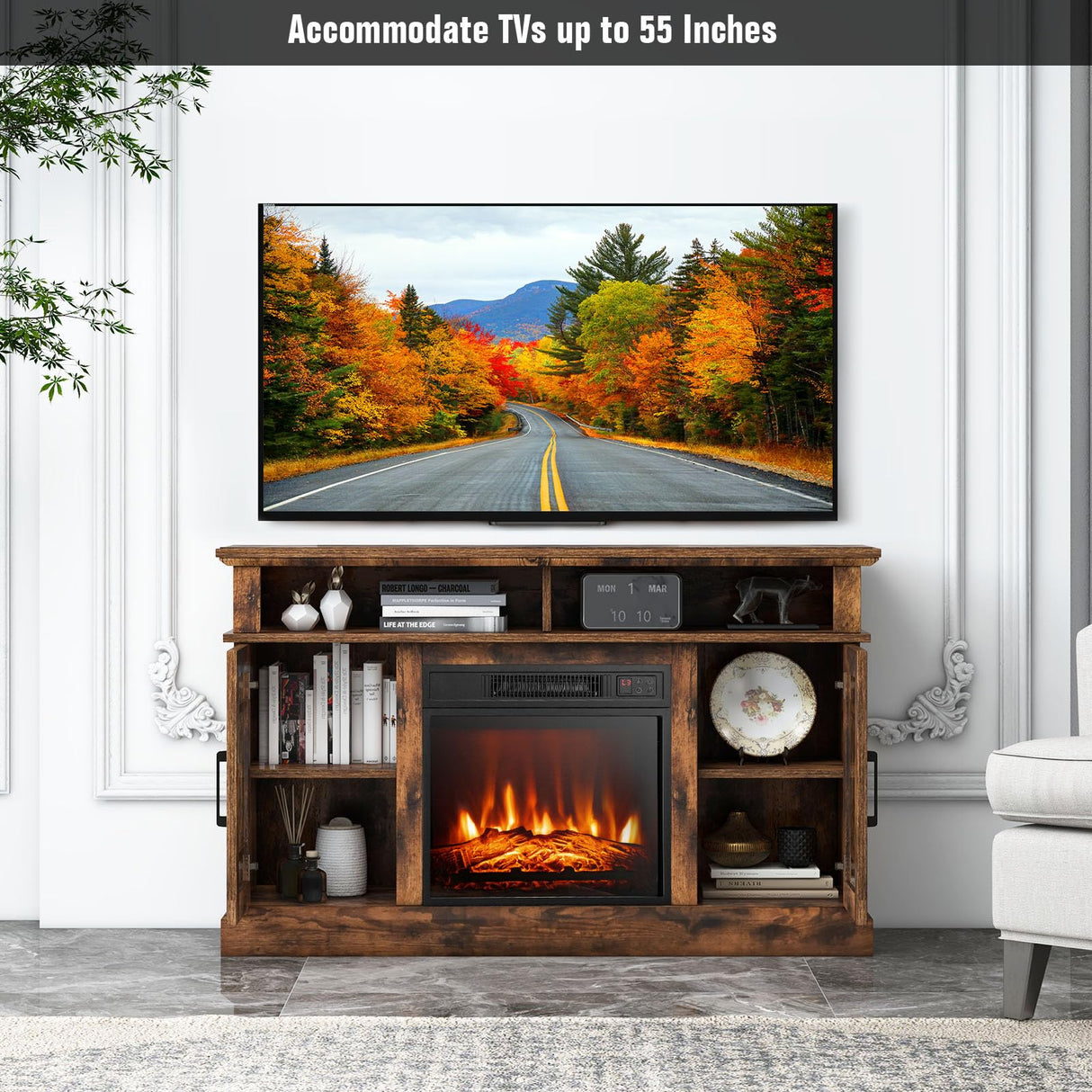 GOFLAME Fireplace TV Stand for TV up to 55 Inches, Freestanding Wood Entertainment Center with 18” Electric Fireplace, 48" TV Console Table with 2 Open Storage Compartments and 2-Door Cabinet, Brown GOFLAME