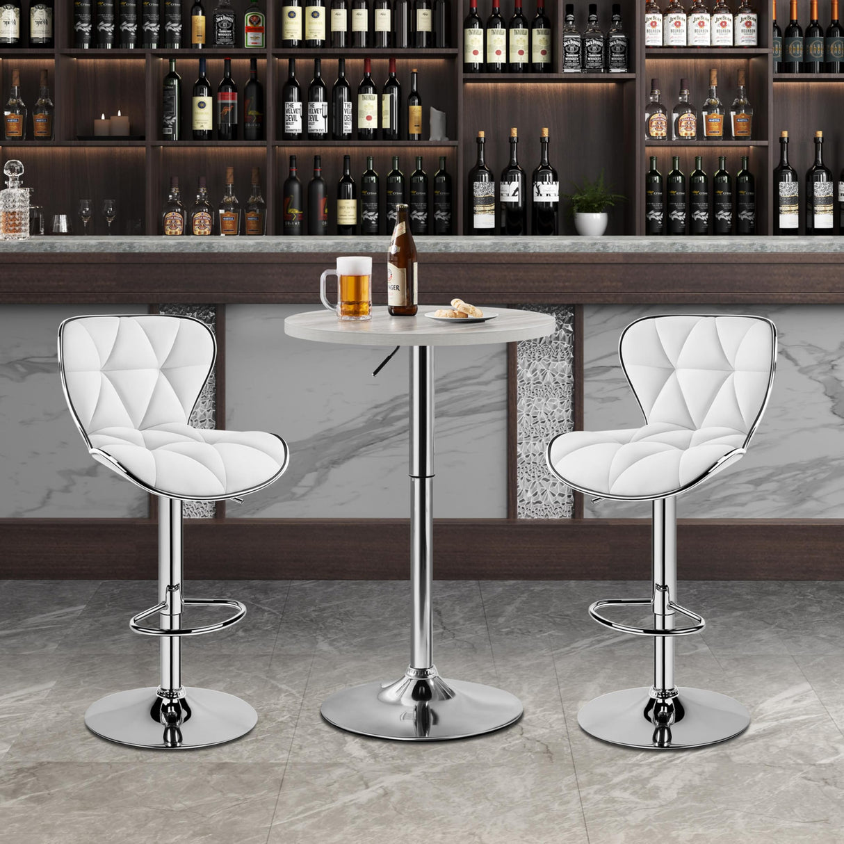 Yaheetech Round Bar Table, Adjustable Height and 360° Swivel Bar Tables, Cocktail Table with MDF Top, Silver Leg Base for Bar, Bistro, Café, Grey Yaheetech