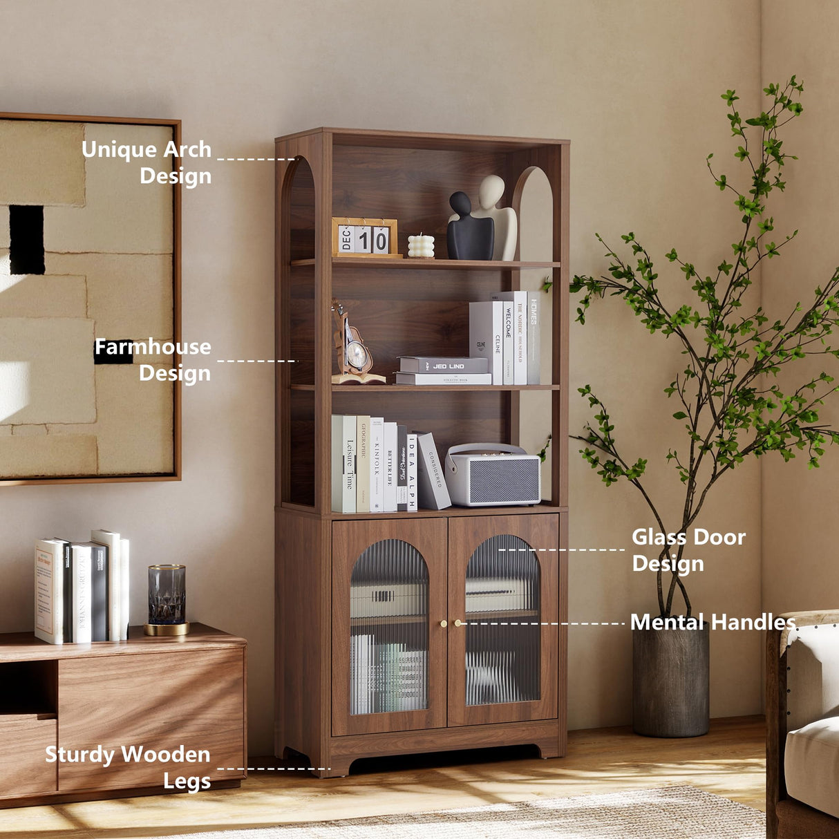 MAHYIZYI 71" Tall Bookshelf with Glass Doors, 5-Tier Arched Bookcase with Storage & Adjustable Shelf, Freestanding Wood Book Shelf Modern Farmhouse Display Cabinet for Living Room, Office (Walnut) MAHYIZYI