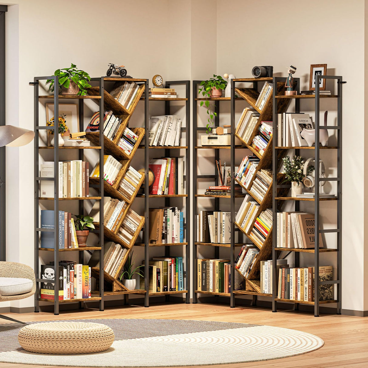 Cutogxon Triple 5 Tier Bookshelf, Large Bookcase Industrial Bookshelf with 19 Open Display Shelf, Wooden Wide Tall Tree Bookshelf for Living Room Home Office, Rustic Brown Cutogxon