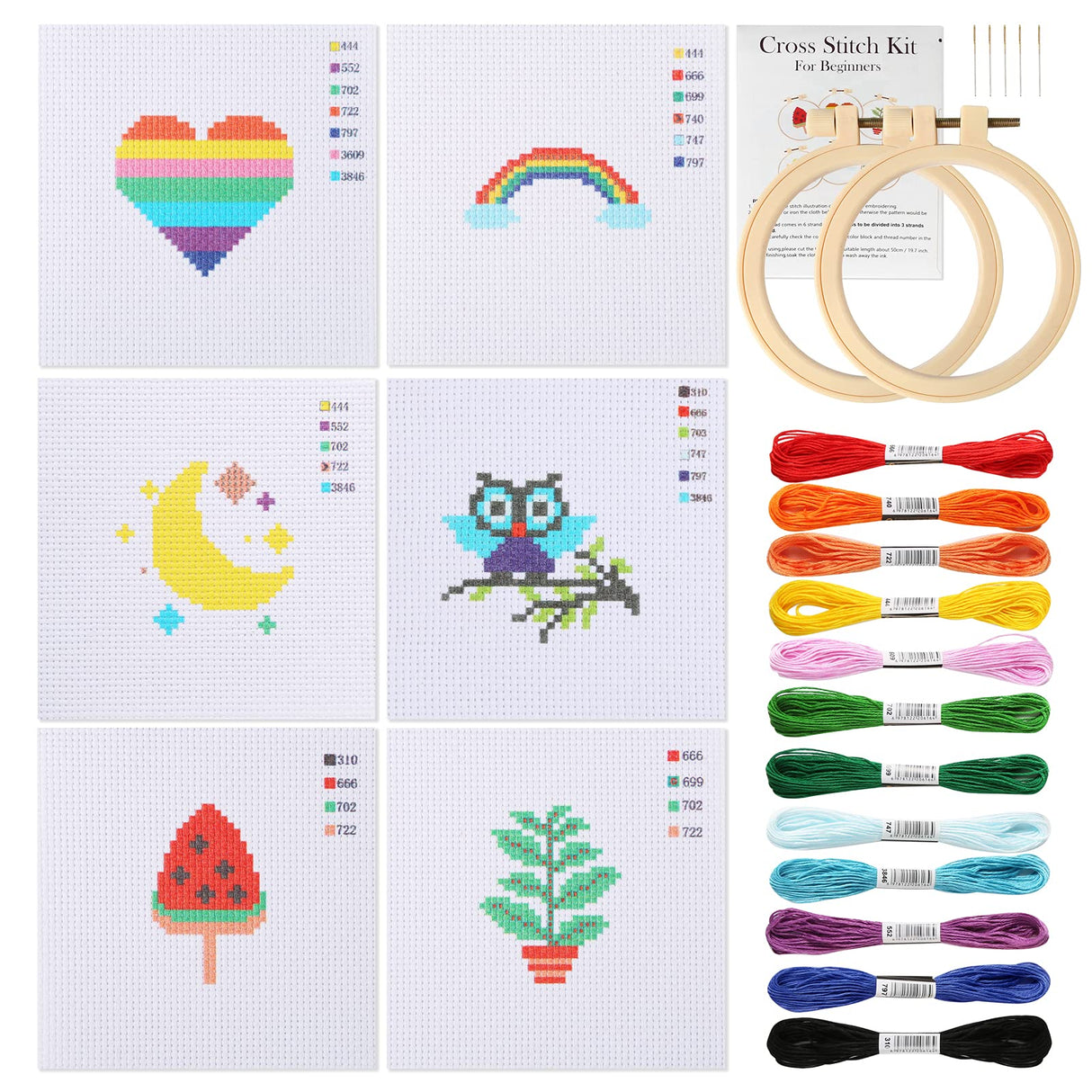 Pllieay Cross Stitch Beginner Kit for Kids 7-13, Includes 6pcs Project Cross Stitch Pattern and 2pcs Hoops, 12 Skeins, Needle Point Starter Kit Sewing Set with Instructions for Christmas Gift Pllieay