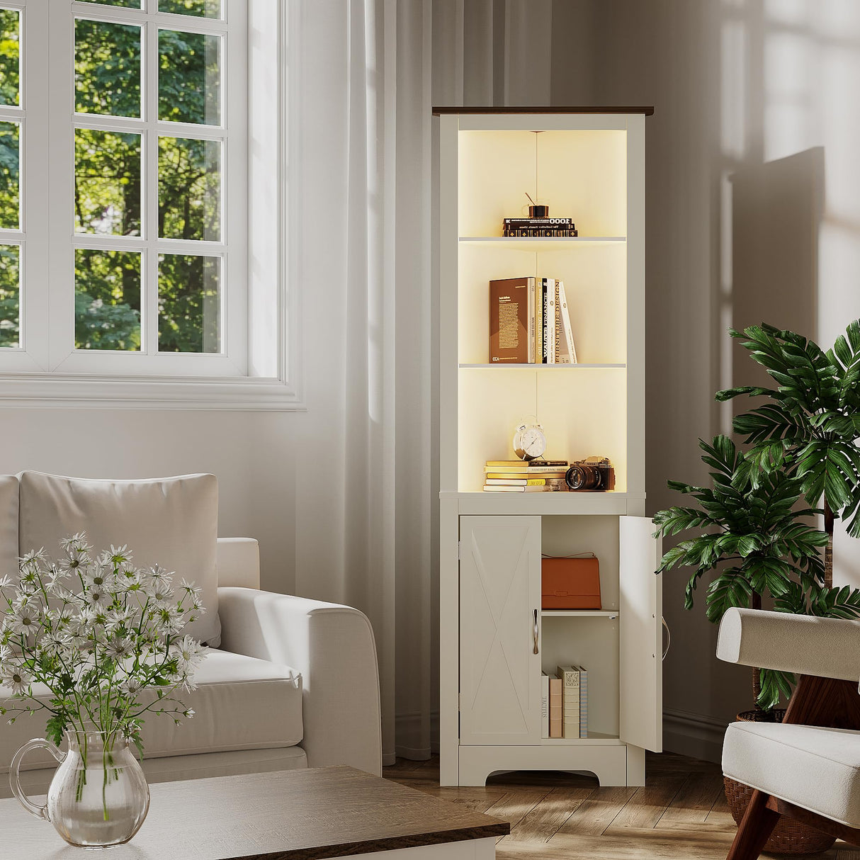 ChooChoo Farmhouse Corner Storage Cabinet with LED Lights, 5-Tier Corner Bookshelf Stand with Barn Doors, 66.9" Gothic Corner Display Cabinet with Adjustable Shelf for Living Room, Farmhouse White ChooChoo