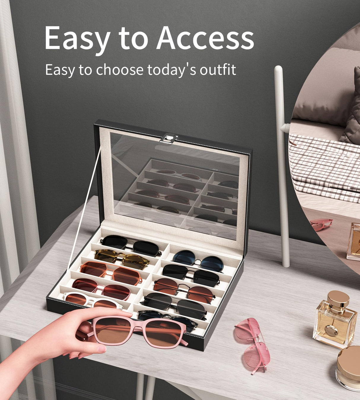NEWLOOP Sunglass Organizer for Women Men - Multiple Pair of Sunglasses Storage Box Eye Glass Watch Leather Display Case with 10 Slots Black NEWLOOP