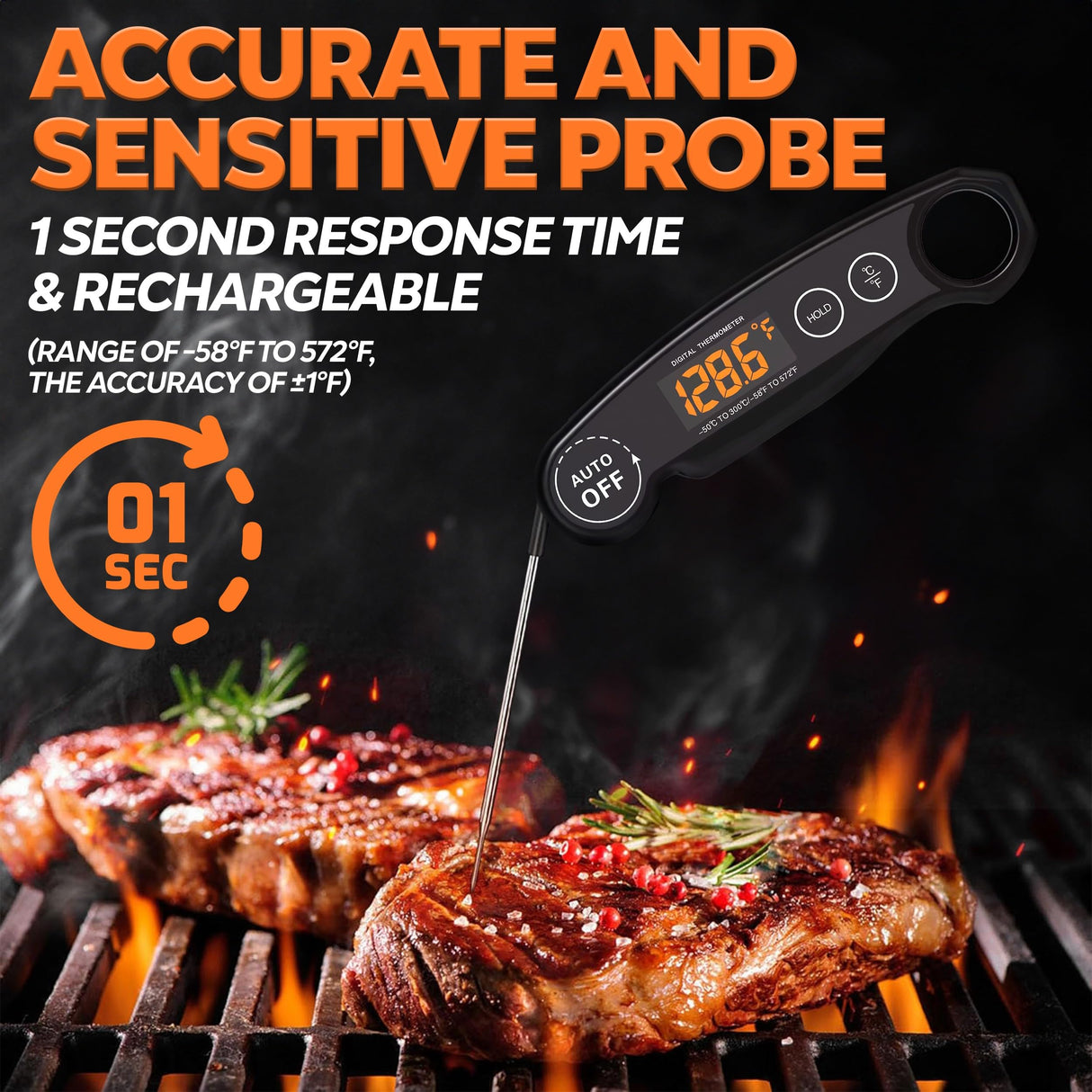 1 Second Instant Read Food Thermometer Rechargeable Meat Thermometer Digital Kitchen Thermometer for Cooking, Grill Thermometer, BBQ Thermometer Waterproof Famoos