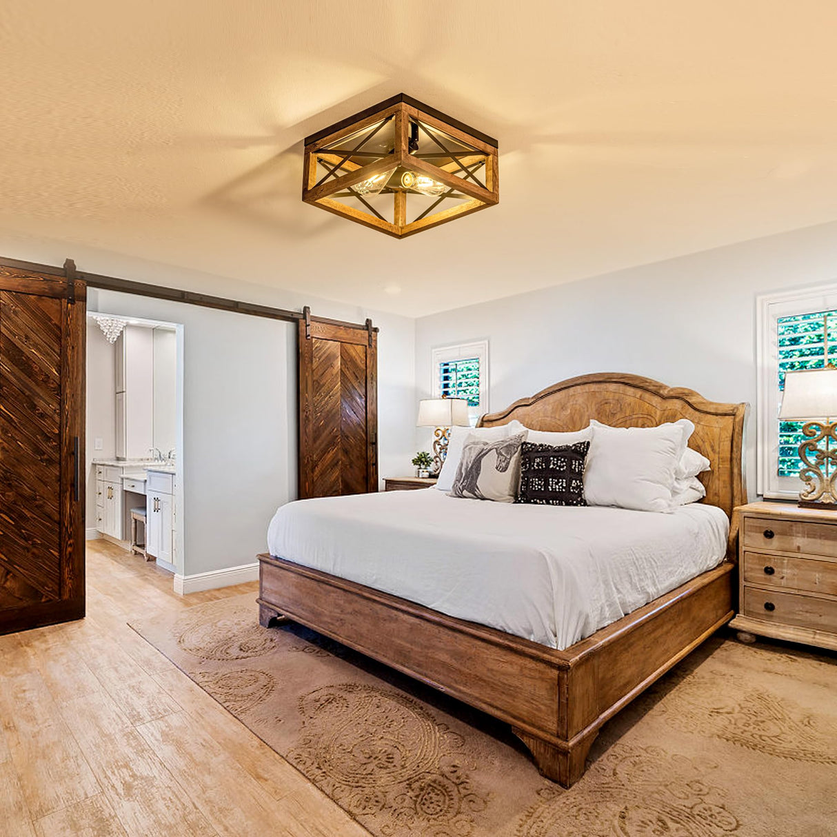 Rpzloila Flush Mount Ceiling Light Fixture for Kitchen Hallway, 2-Light Close to Ceiling Light with Black Metal and Wood Design, Rustic Farmhouse Ceiling Rpzloila