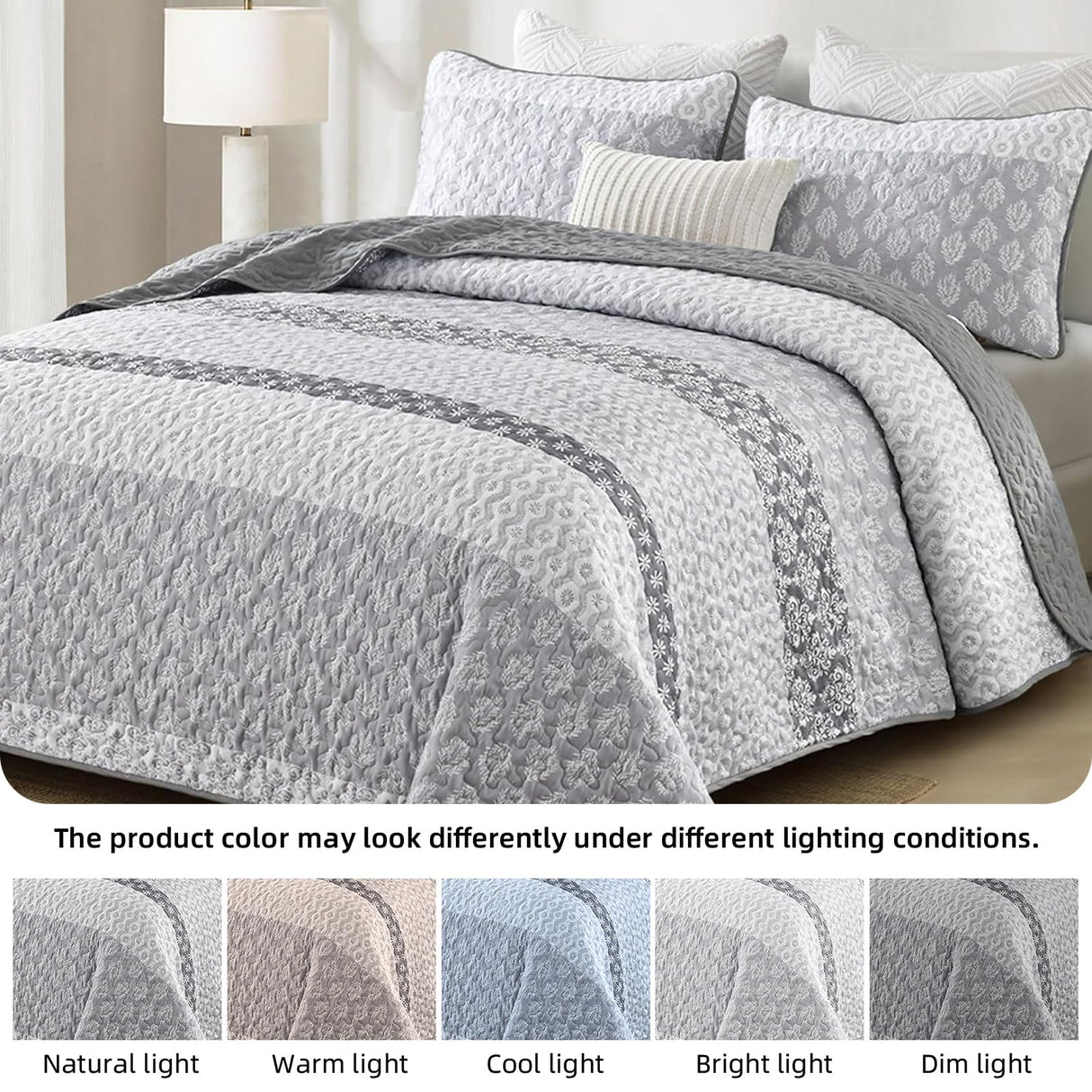 Cottolester Boho Quilt Set King Size Gray Farmhouse Quilt Bedding Set Striped Lightweight Summer Bedspread Coverlet Bedding Set 104"x90" (3 Pieces) Cottolester