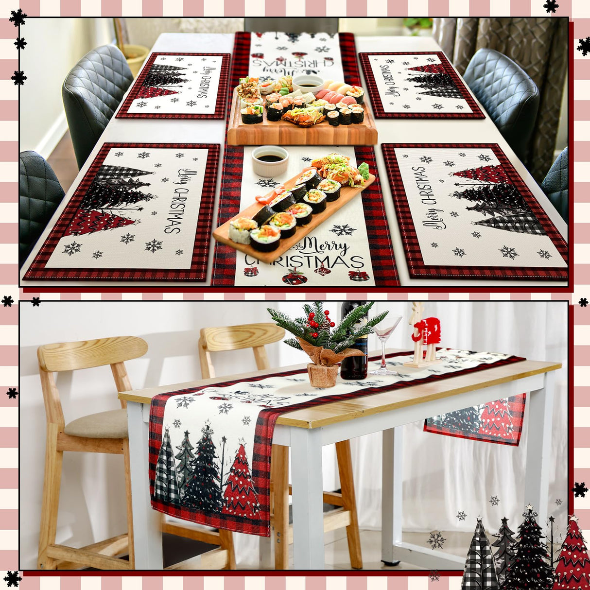 Patelai 7 Pcs Christmas Table Runner and Placemats Set Merry Christmas Buffalo Plaid Table Runner Xmas Placemats Red Black for Holiday Kitchen Dining Room Decor Party Wedding Decoration Patelai