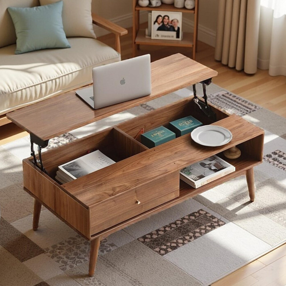 100% Solid Oak Wood Coffee Table, Lift Top Walnut Coffee Table with Drawers and Hidden Compartments, Rectangular Coffee Tables with Storage for Living Room Home Decor (39.37" L x 21.65" W x 25.59" H) Vadisun