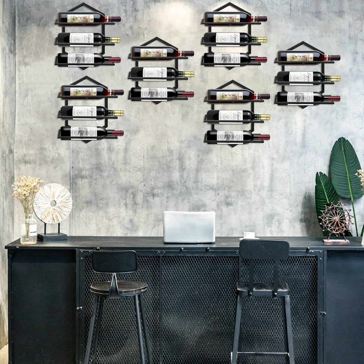 YALINKA 2Pcs Wall Mounted Wine Stemware Rack, Metal Hanging Wine Glass Display Holde Holds 3 Bottles, Elegant Storage for Kitchen Dining Room Bar Wine Cellar YALINKA