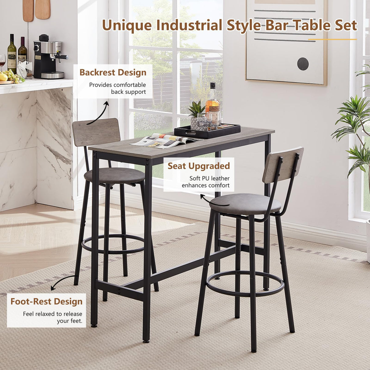Tatub Bar Table and Chairs Set of 2, Industrial Sofa Table with Stools, 3 Piece Counter Height Small Dining Table Set for 2, Pub Table and Chairs Set of 2, Gray Tatub