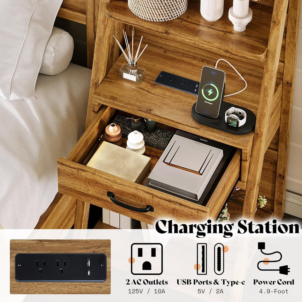 LUXOAK King Bed Frame with Wide Headboard and 4-Tier Bookshelves, Farmhouse Platform Bed with Charging Station & 2 Drawers, Noise-Free, No Box Spring Needed, Natural Oak LUXOAK