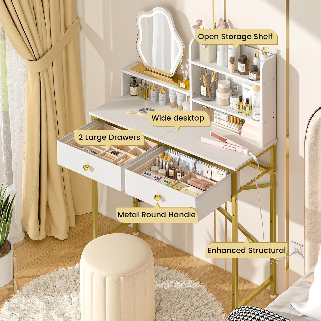 Makeup Vanity Desk No Mirror for Bedroom, Vanity Table Set with 2 Drawer and Open Storage Shelves, Small Vanity for Small Spaces, White and Gold, 31.5in(L) ThreeHio