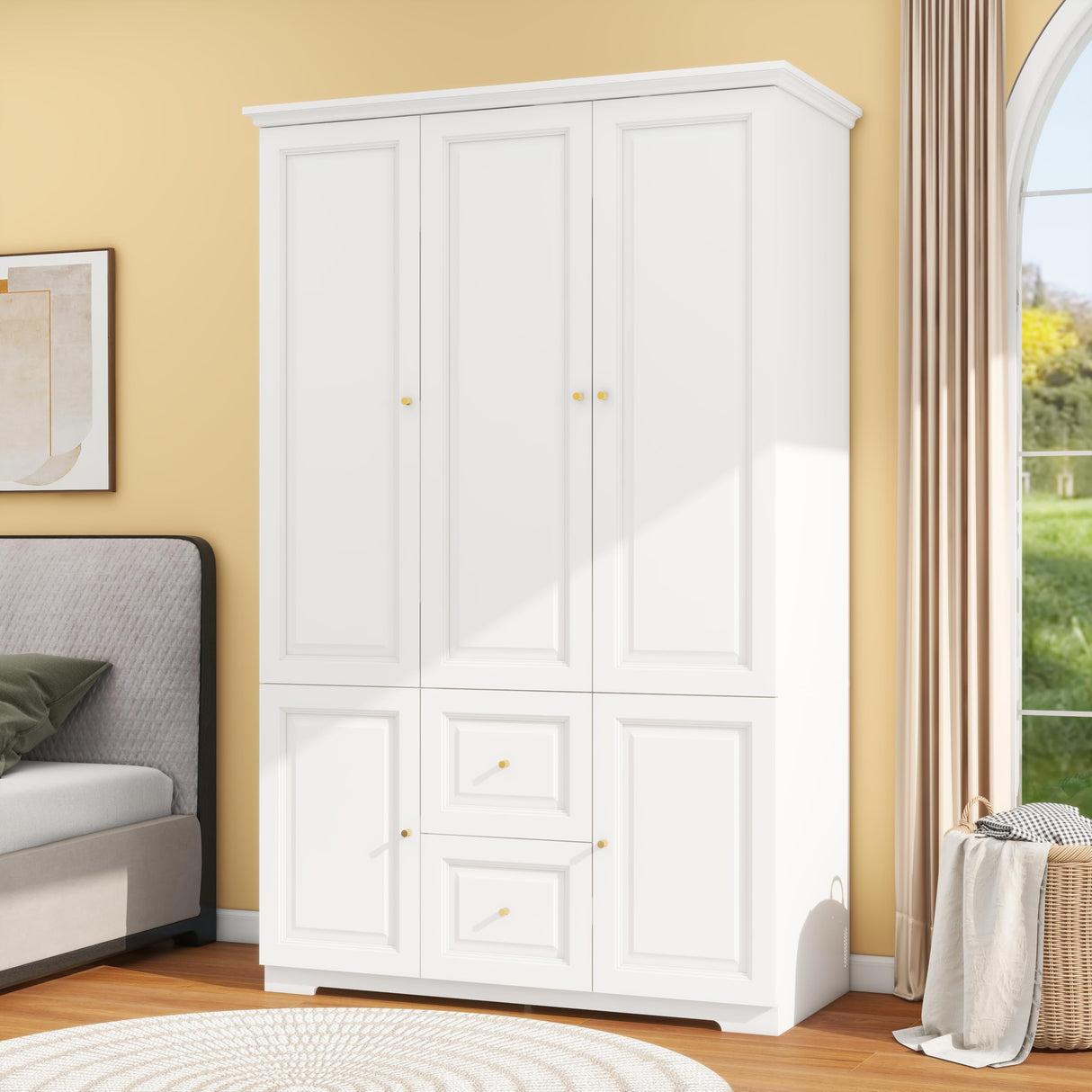 LABROSKIA Armoire Wardrobe Closet with 3 Drawers: 74" White Wardrobe Closet with 3 Doors, Large Wardrobes Closets for Hanging Clothes, Bedroom Armoires and Wardrobes LABROSKIA