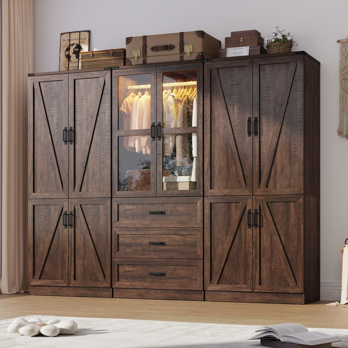 Hlivelood 75" Tall Farmhouse 6 Doors Armoire Wardrobe Closet with 3 Drawers and LED,Freestanding Closet Wardrobe Cabinet for Bedroom with Hanging Rod,Wooden Armoire Storage Cabinet(Brown 6 Doors 1) Hlivelood