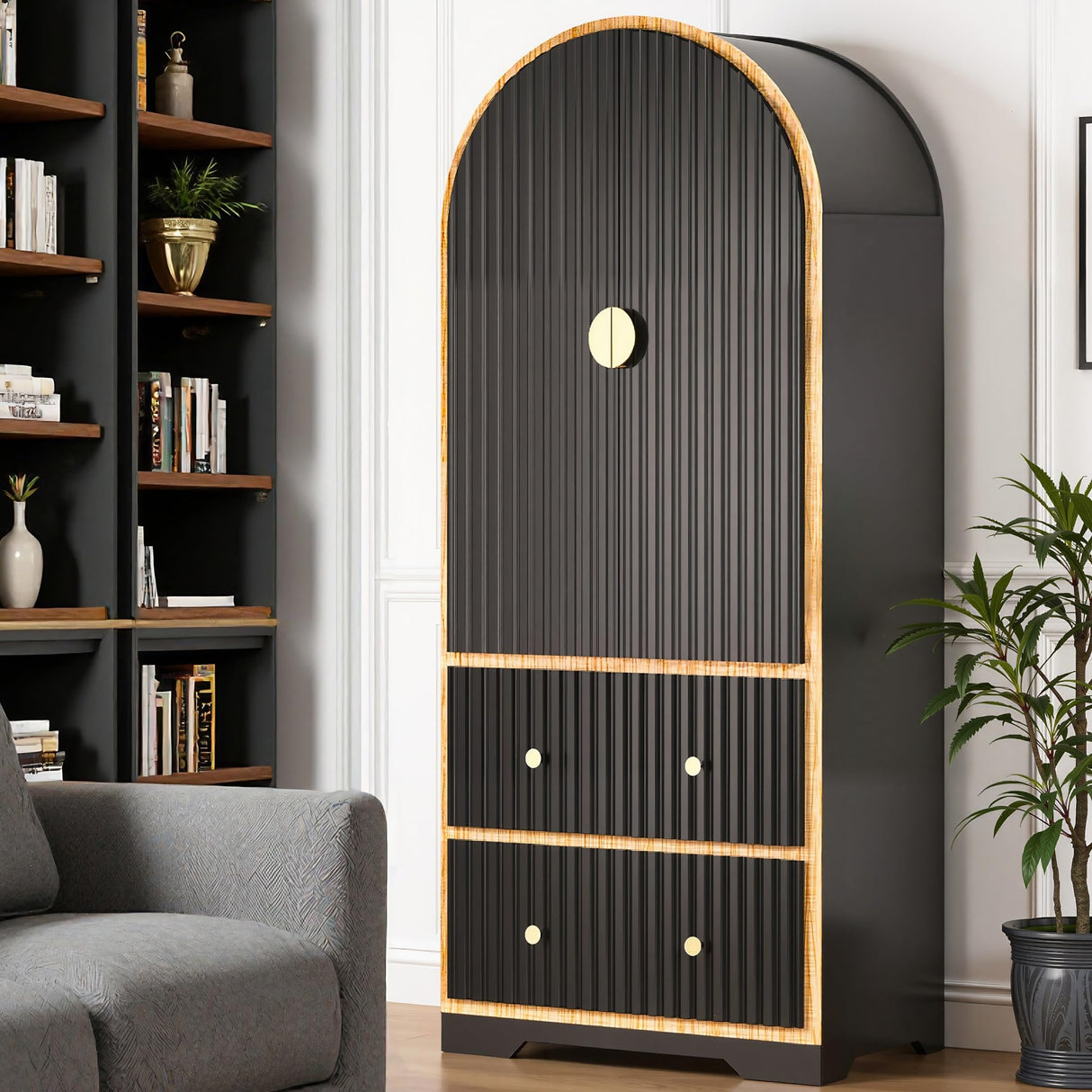 HOLCEPZN 78" Tall Black Arched Cabinet with Fluted Doors, 4 Adjustable Shelves & 2 Drawers, Modern Storage Organizer for Pantry, Bookshelf, Bathroom or Wardrobe Use HOLCEPZN