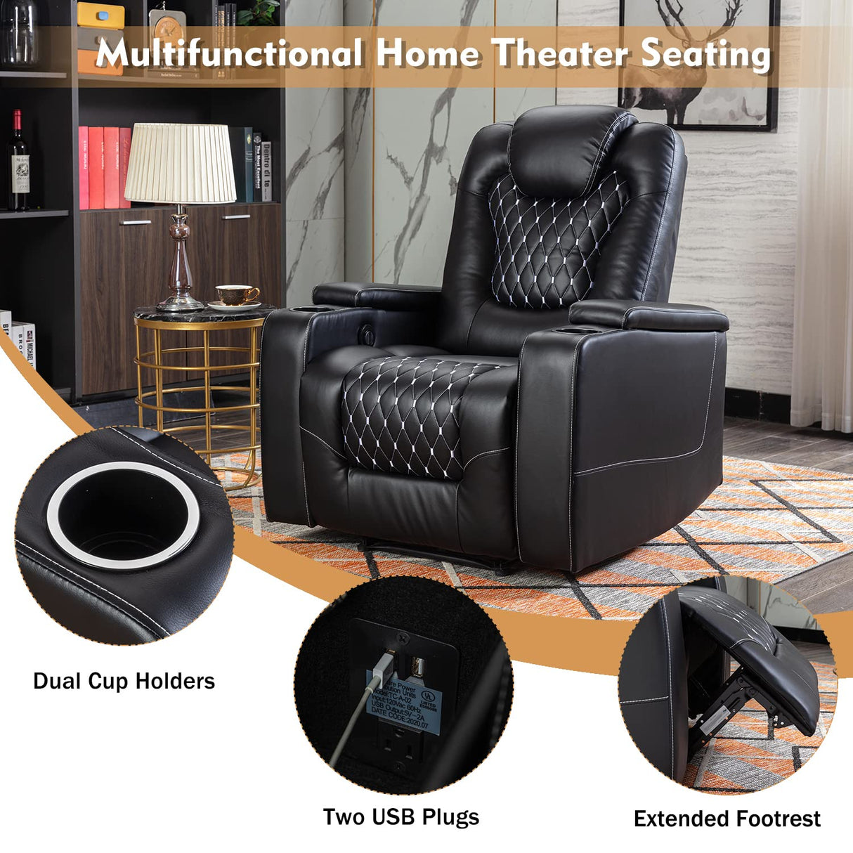 ANJ Power Recliner Chair with USB Ports and Cup Holders - Overstuffed Electric Home Theater Seating PU Leather Reclining Furniture with Hidden Arm Storage, Easy to Clean (Black) ANJ