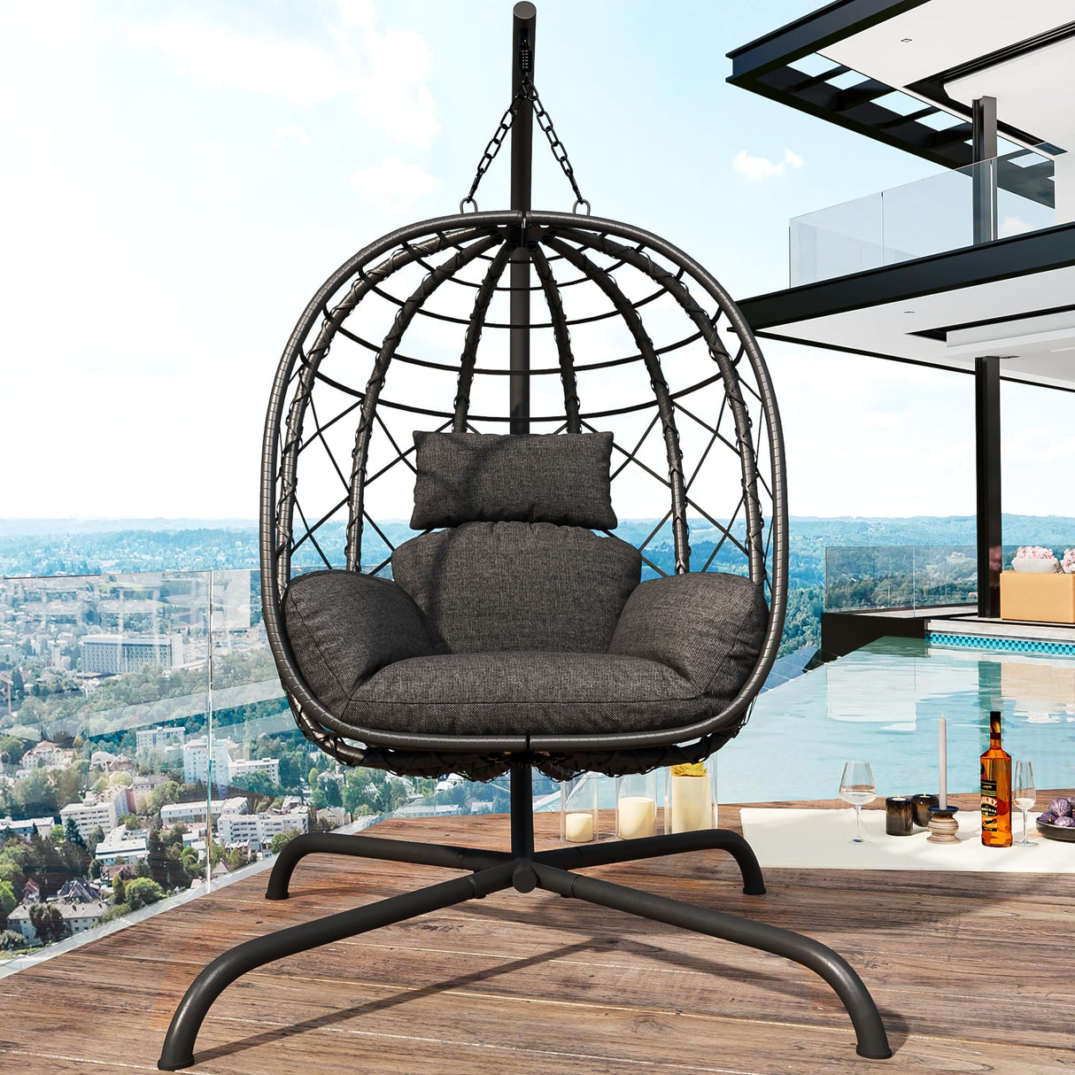 Hanging Egg Chair with Stand Patio Wicker Rattan Swing Chair Hammock Egg Chair for Indoor & Outdoor 400lbs Capacity with Thickened Cushion for Bedroom Balcony Garden TQKVIPI