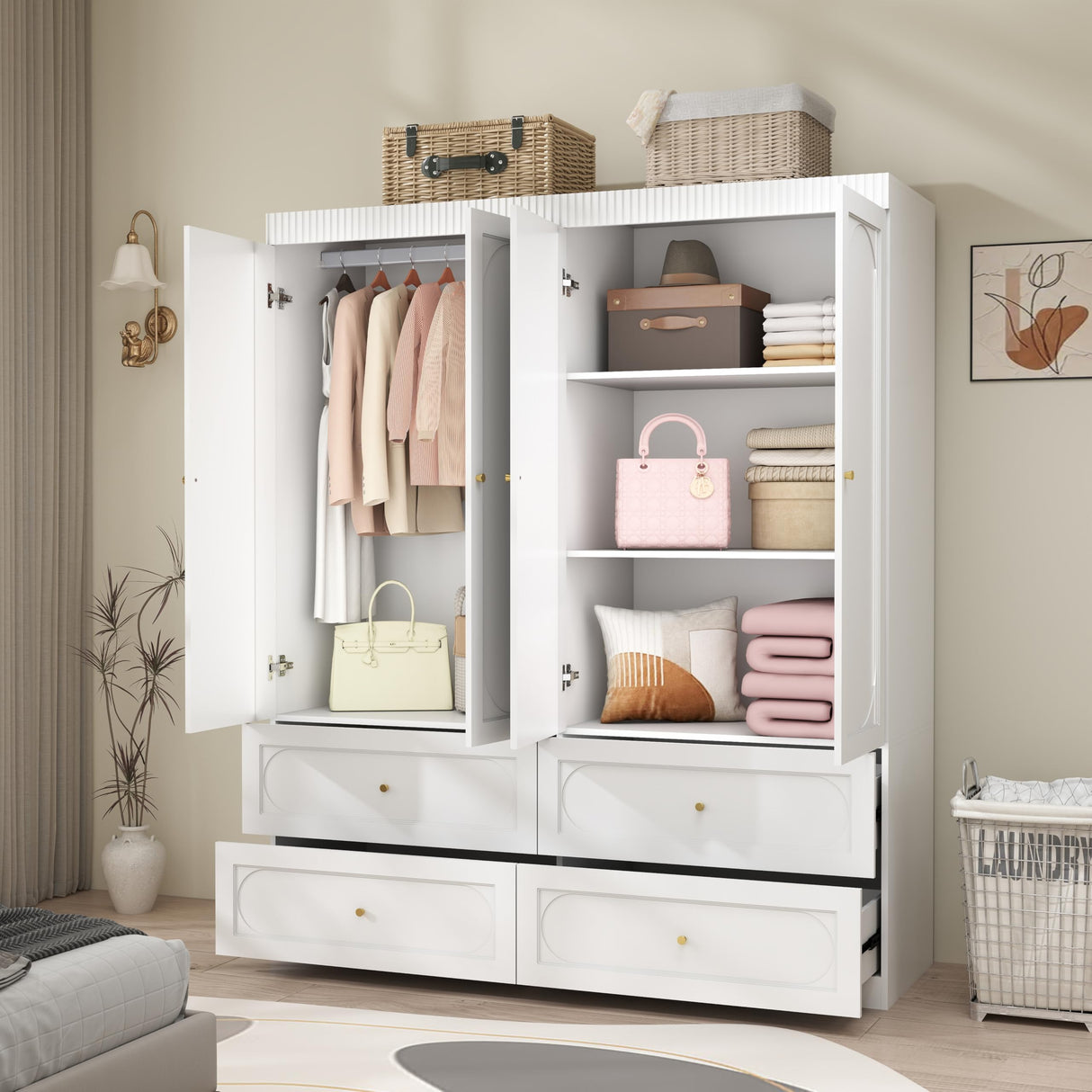 Mhsatyrs White Armoire Wardrobe Closet: 74" Tall Wardrobe Closet with 4 Doors, Wood Large Armoire with 4 Drawers, Modern Bedroom Armoires with Hanging Rod (White) Mhsatyrs