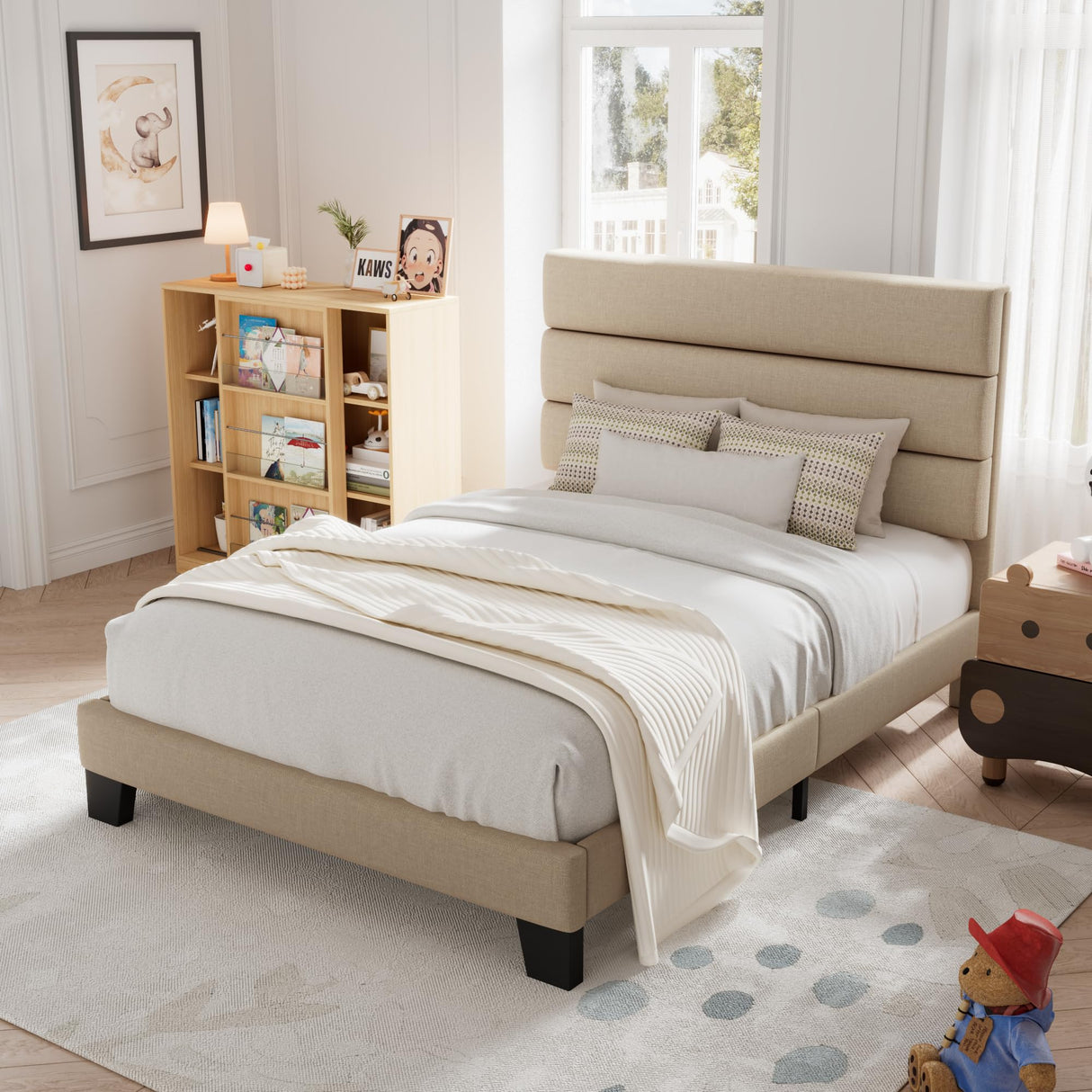 Allewie Twin Size Platform Bed Frame with Fabric Upholstered Headboard and Wooden Slats Support, Fully Upholstered Mattress Foundation/No Box Spring Needed/Easy Assembly, Beige Allewie