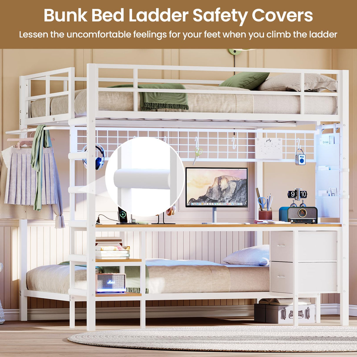 DICTAC Full Over Twin Size Bunk Bed with Desk and Led Lights Metal Loft Bed Frame with Charging Station,Storage Shelves and Drawers for Teen & Adults,Safety Guard & Ladder,No Box Spring Needed,White DICTAC