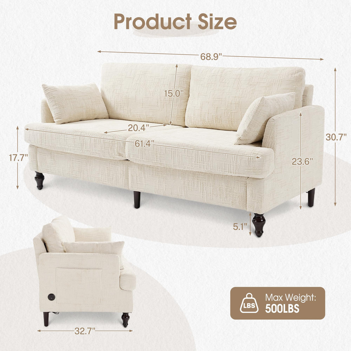 HOMEFUN Small Loveseat Couch for Living Room, 68" Modern Style Chenille 2-Seater Sofa with USB Charger、LED Lights and Storage Pocket HOMEFUN