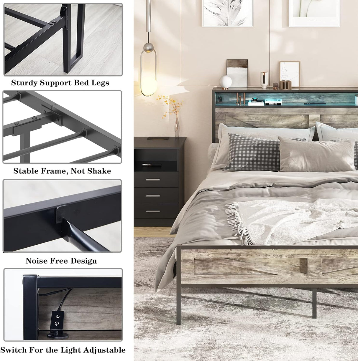 Halitaa King Size LED Bed Frame with Charging Station and Storage - Wash Grey Halitaa