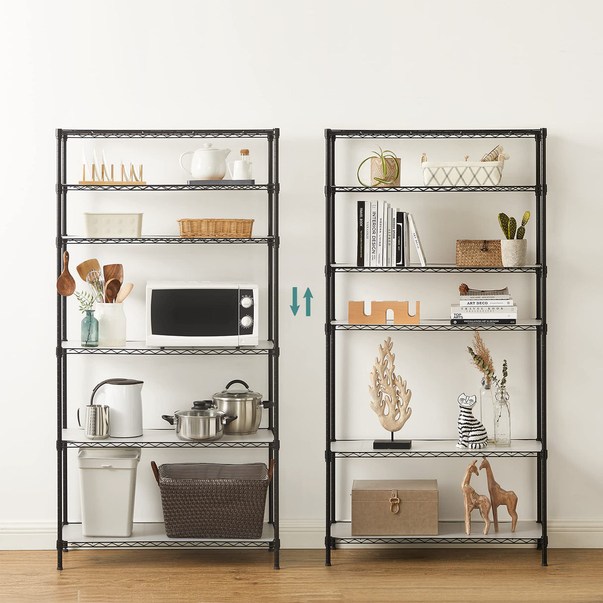 SONGMICS 6-Tier Storage Shelves, Wire Shelving Unit, Kitchen Metal Shelves, Storage Rack with Adjustable Shelves, Shelf Liners, 8 Hooks, for Garage, 13.8 x 35.4 x 69.7 Inches, Black ULGR096B01 SONGMICS