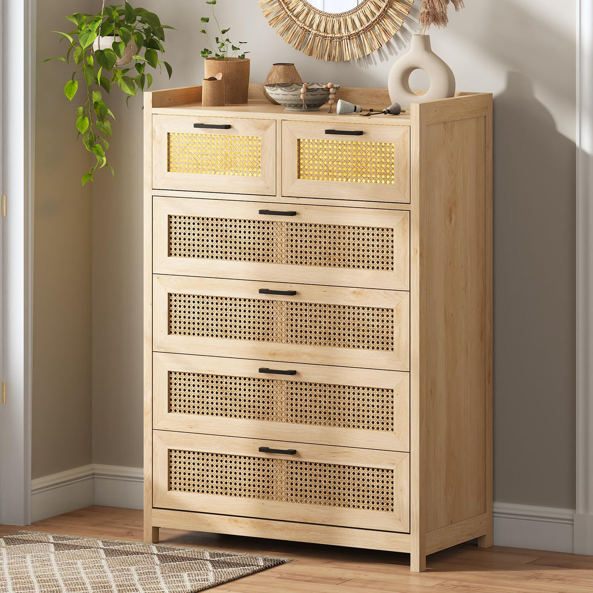 OTMCOOUCH Dresser for Bedroom with 6 Drawers, Natural Rattan Modern Wooden Tall Bedroom Dresser with Led Lights, Chest of Drawers for Bedroom, Living Room OTMCOOUCH