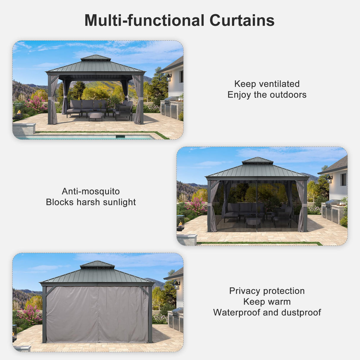 PURPLE LEAF 13' X 13' Gazebo with Galvanized Steel Hardtop Roof Patio Gazebo for Outdoor Lawn and Garden Permanent Pavilion Grey PURPLE LEAF