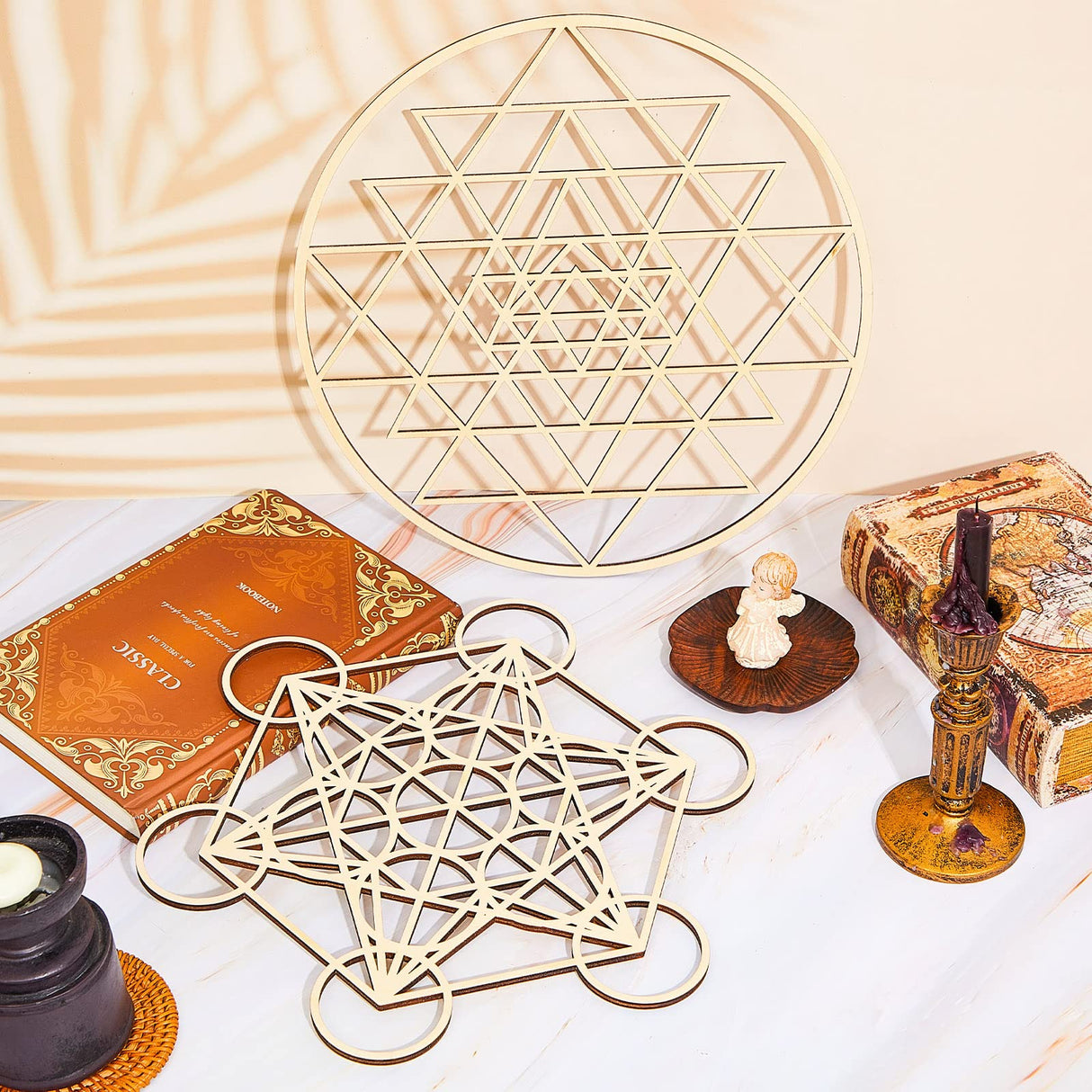 Taiyin 6 Pcs 12 Inch Sacred Geometry Wood Wall Art Set Zen Metatron Cube Home Decor Sri Yantra Merkaba Torus Flower of Life Hanging Sculpture Wooden Crystal Grid Pagan 7 Chakra Wall Decor(Burlywood) Taiyin