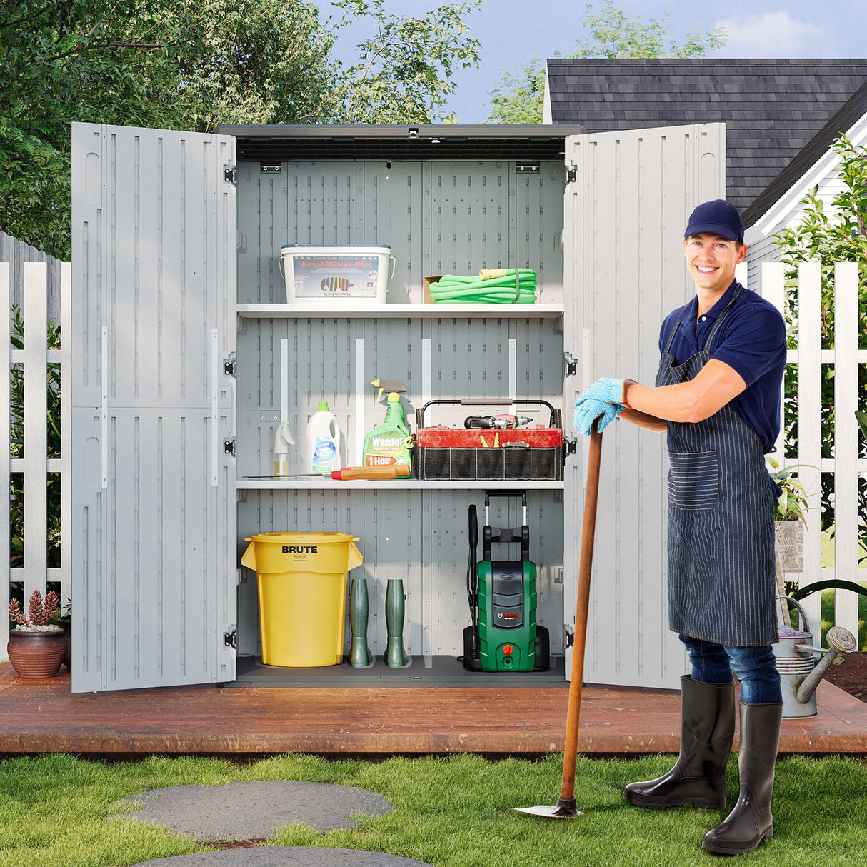Aoxun Outdoor Resin Storage Shed with 2 Shelves & Floor, 64 Cu.Ft Vertical Waterproof Storage Cabinet for Garage Storage, Pool Storage, Bike Shed, Garden Tools, Patio Furniture (White) Aoxun