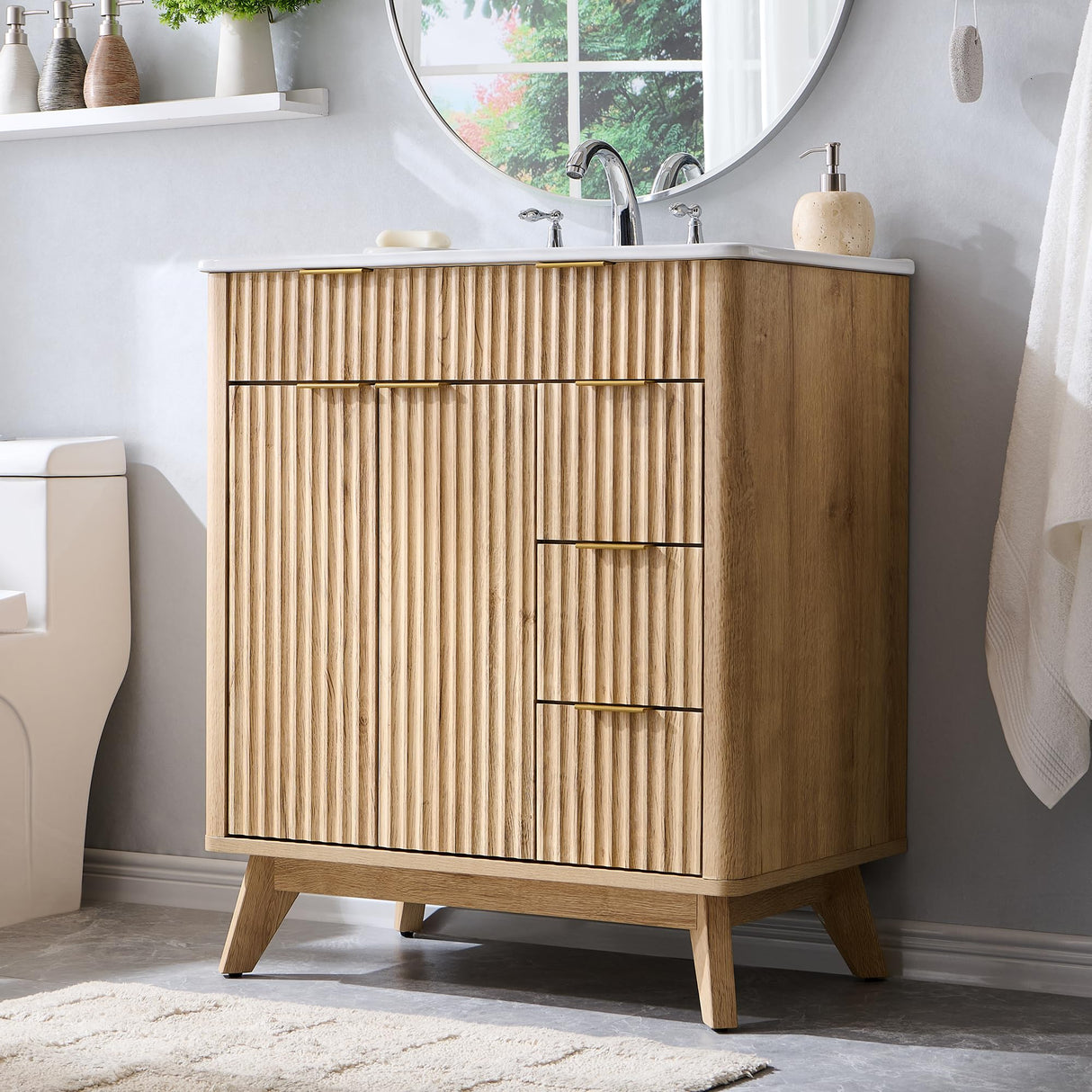 T4TREAM 30" Fluted Bathroom Vanity with Ceramic Sink Combo,Freestanding Modern Bathroom Storage Vanity Cabinet with 2 Soft Closing Doors & 3 Drawers,Wood Grain Texture,Metal Handle,Natural Oak T4TREAM