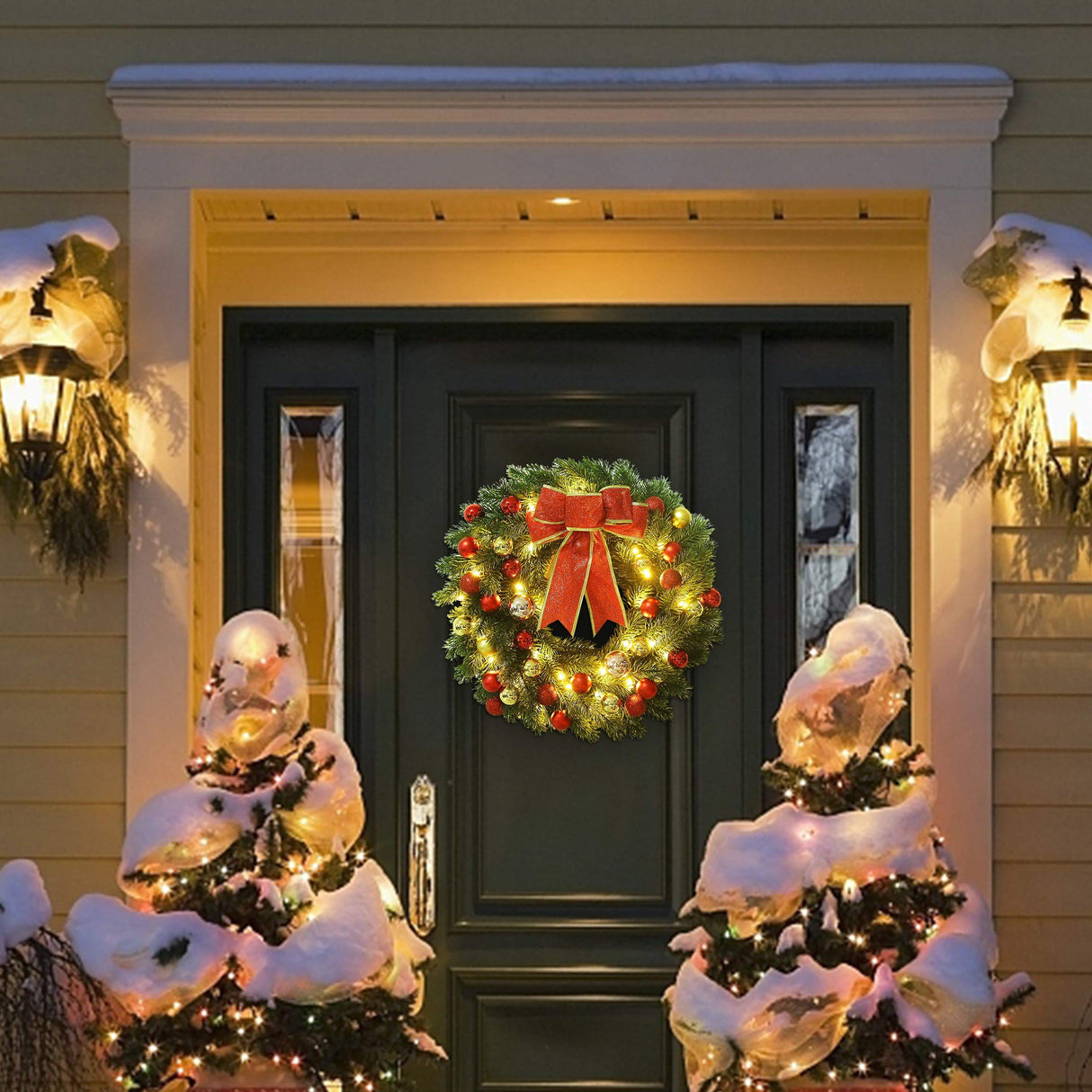 Lulu Home 16 Inch Pre-lit Christmas Wreath with Hook, Battery Operated Christmas Wreath Decorative Christmas Balls Hanging Ornament, Artificial Door Wreath 40 Clear LED Lights Lulu Home