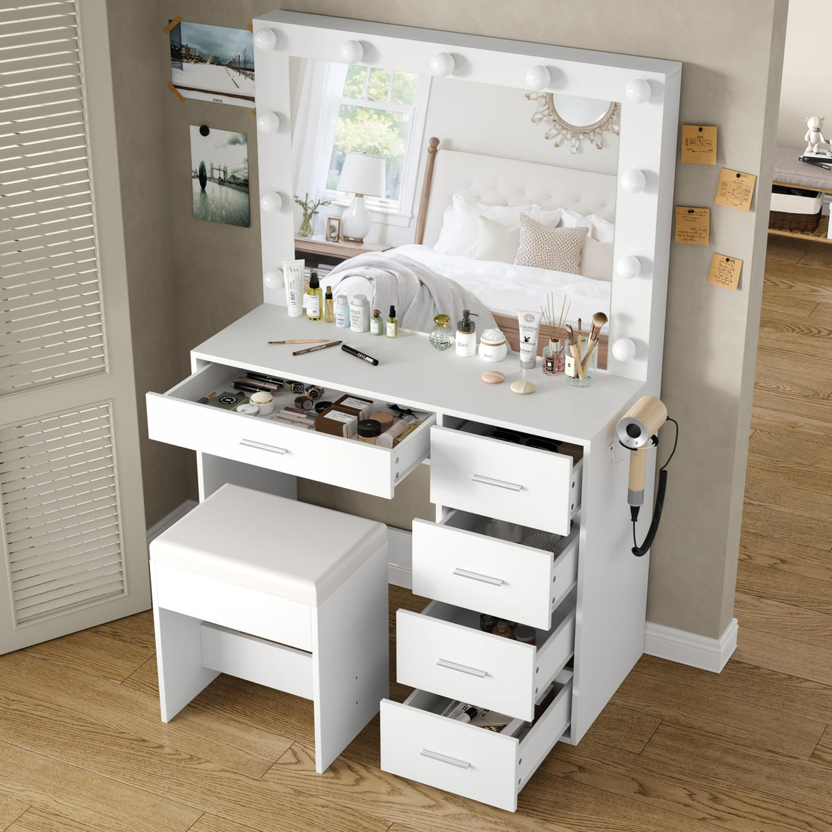 Yanosaku Vanity Desk & Power Outl,Makeup Vanity with Mirror and 11 LED Lights, Makeup Table with 5 Drawers,Vanity Table with Chair,Vanity Set 3 Lighting Modes Brightness Adjustable for Bedroom, White Yanosaku