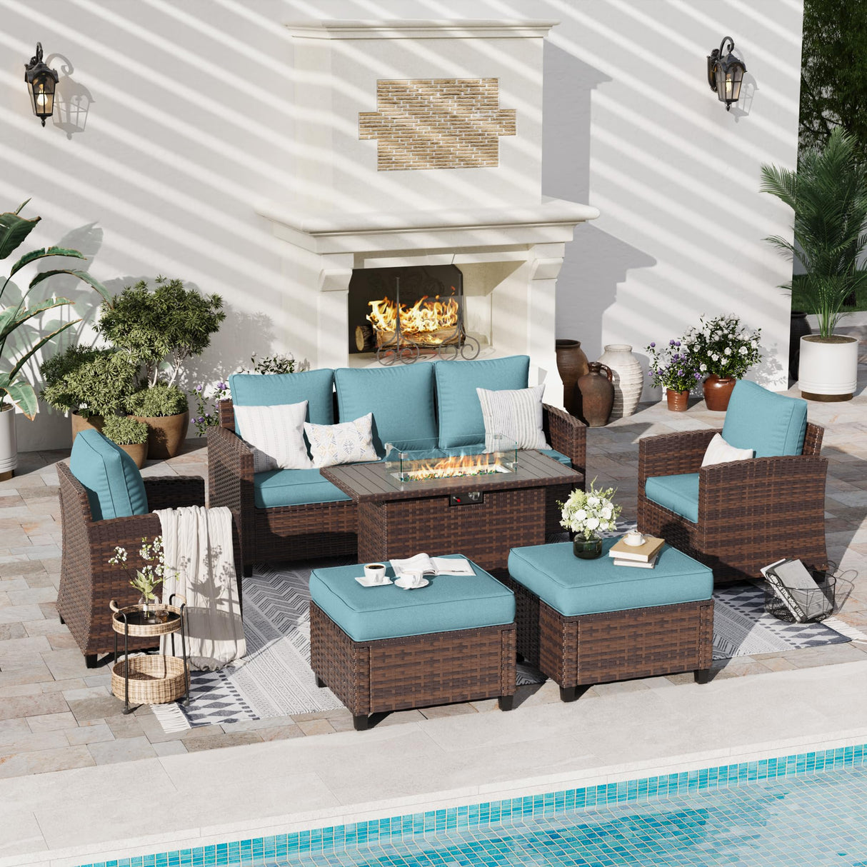 VONZOY 6 Pieces Patio Furniture Set with 44" Gas Fire Pit Table, Outdoor Sectional Conversation Sets, All-Weather Wicker Rattan Sofa w/Gas Fire Pit, Ottoman, Thick Cushion Light Blue VONZOY