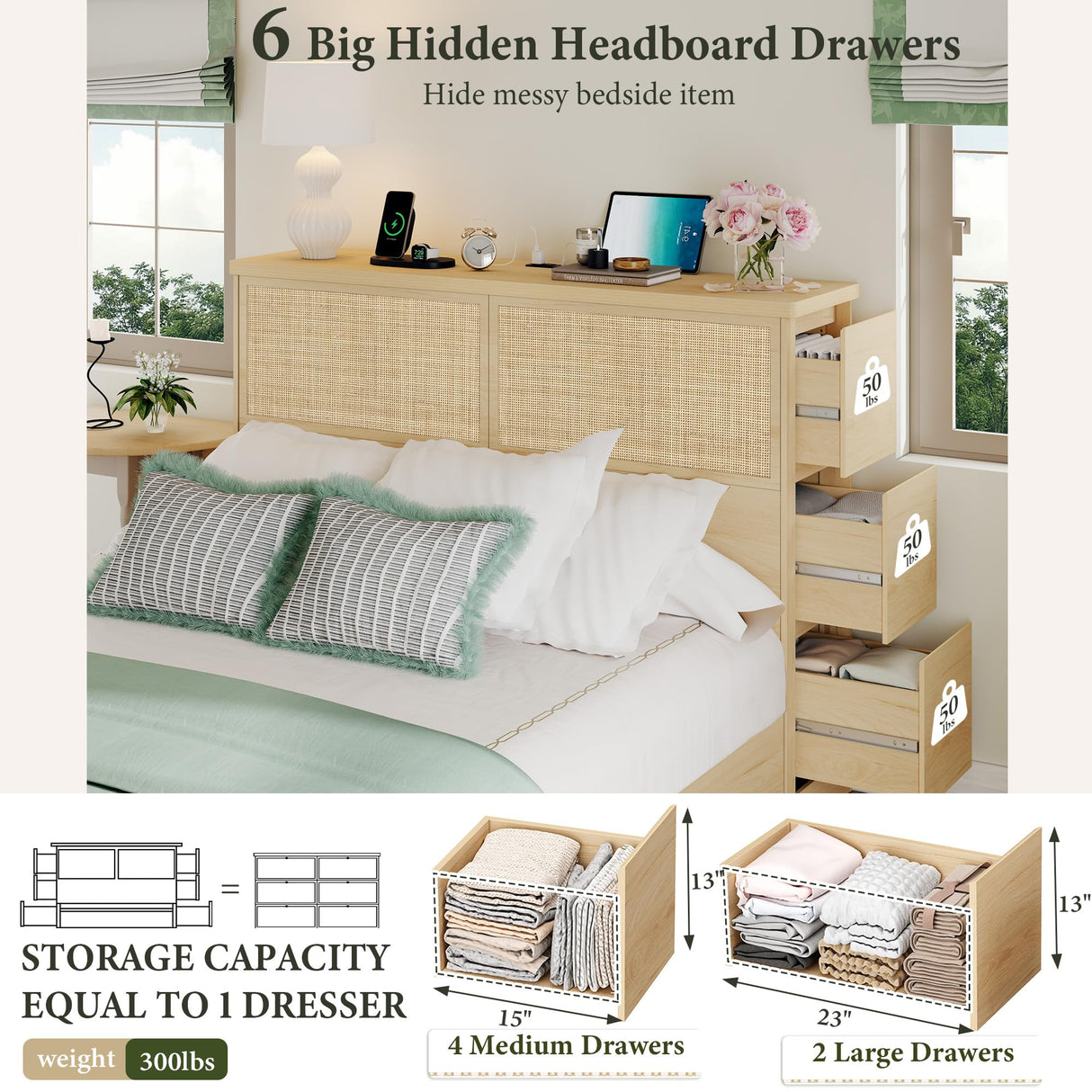 Yechen Natural Rattan Queen Bed with 10 Storage Drawers and Wide Storage Headboard, 48" Tall Boho Wooden Bed Frame Steel Stand and Charging Station, Sturdy Bamboo Bed, No Box Spring Needed/Noise Free Yechen