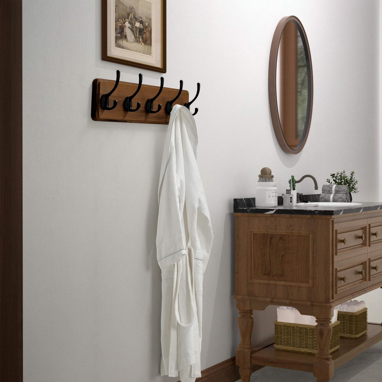 Dseap Coat Rack Wall: Patented, Heavy-Duty, 17.4" Long 5-Double-Hooks Wooden Wall Mounted Coat Rack Coat Hanger Hook Rail for Winter Coats Hat Jacket Clothing, Natural & Black Dseap