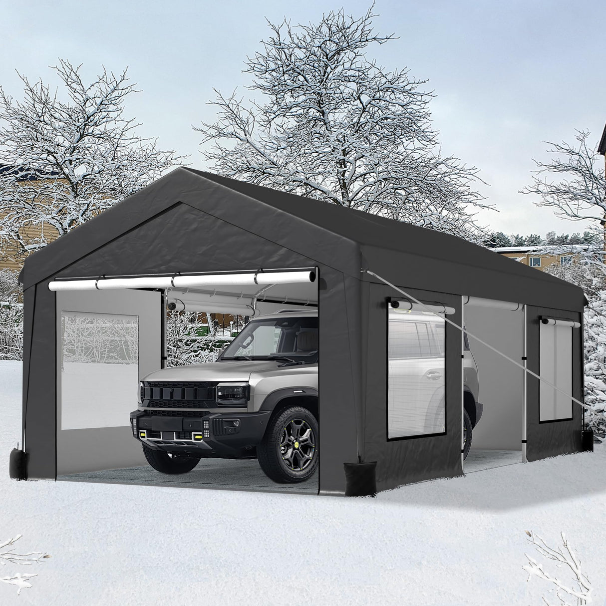 Raysfung Carport 12X20FT, Heavy Duty Car Port with Sidewalls, Carports Canopy, Portable Garage with Sandbags & All-Season Tarp, Outdoor Shelter for Car, SUV, F150, Truck, Boat (Gray) Raysfung