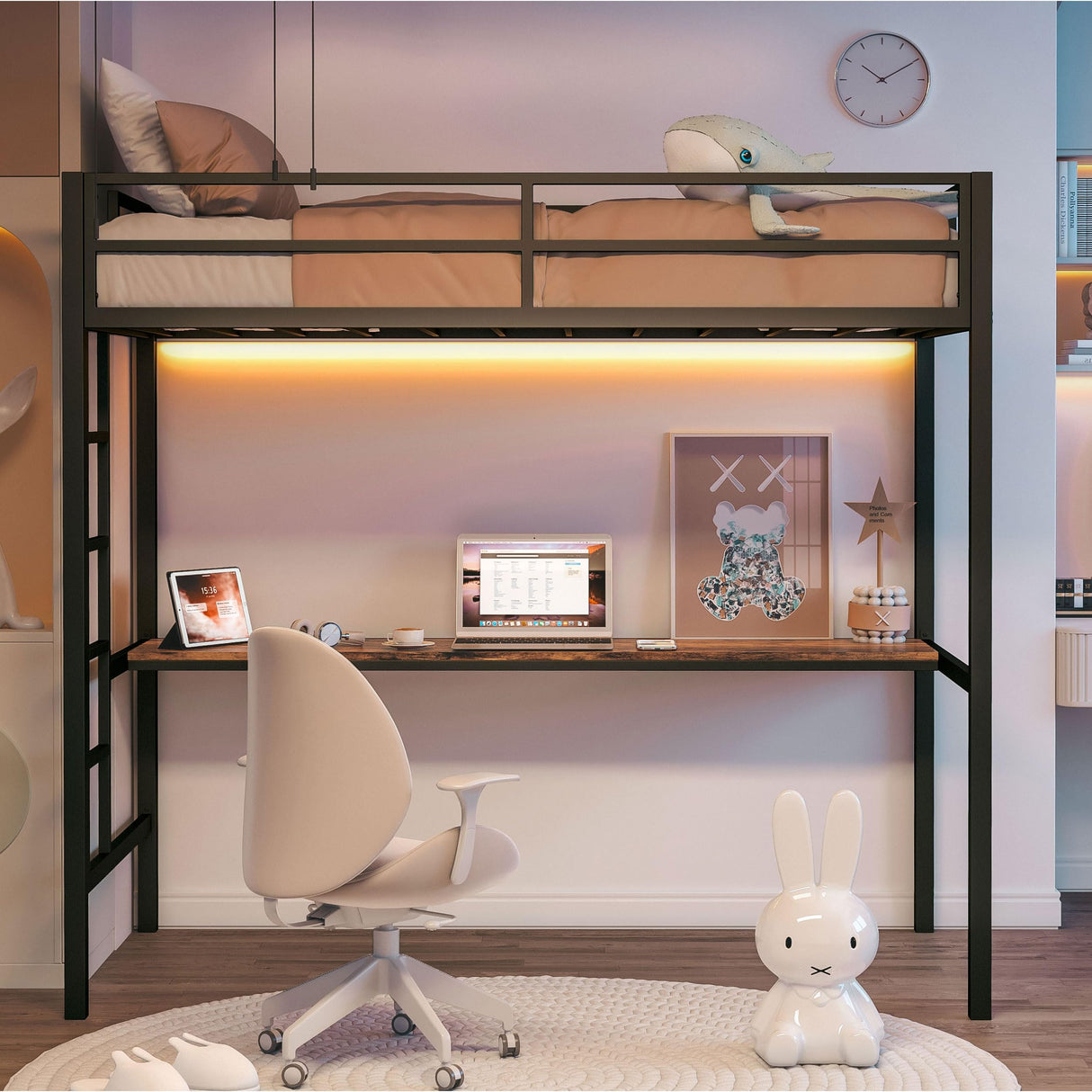 LIKIMIO Twin Loft Bed with Desk, Power Outlet, LED Lights – Space-Saving Metal Frame in Black LIKIMIO