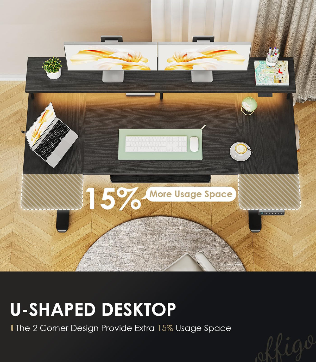 OffiGo U Shaped Electric Standing Desk with Keyboard Tray, 55 Inch Height Adjustable Desk with Power Outlets & LED Lights, Sit Stand Table with Monitor Stand for Home, Office, Black OffiGo