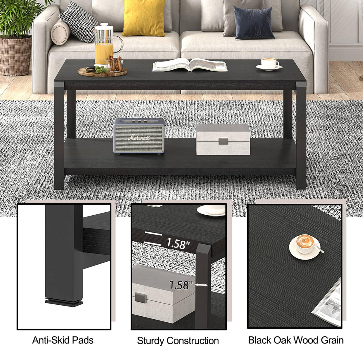 EXCEFUR Black Coffee Table, Modern Rustic Wood Center Table for Living Room, Industrial Rectangle Cocktail Tea Table with Storage Shelf EXCEFUR