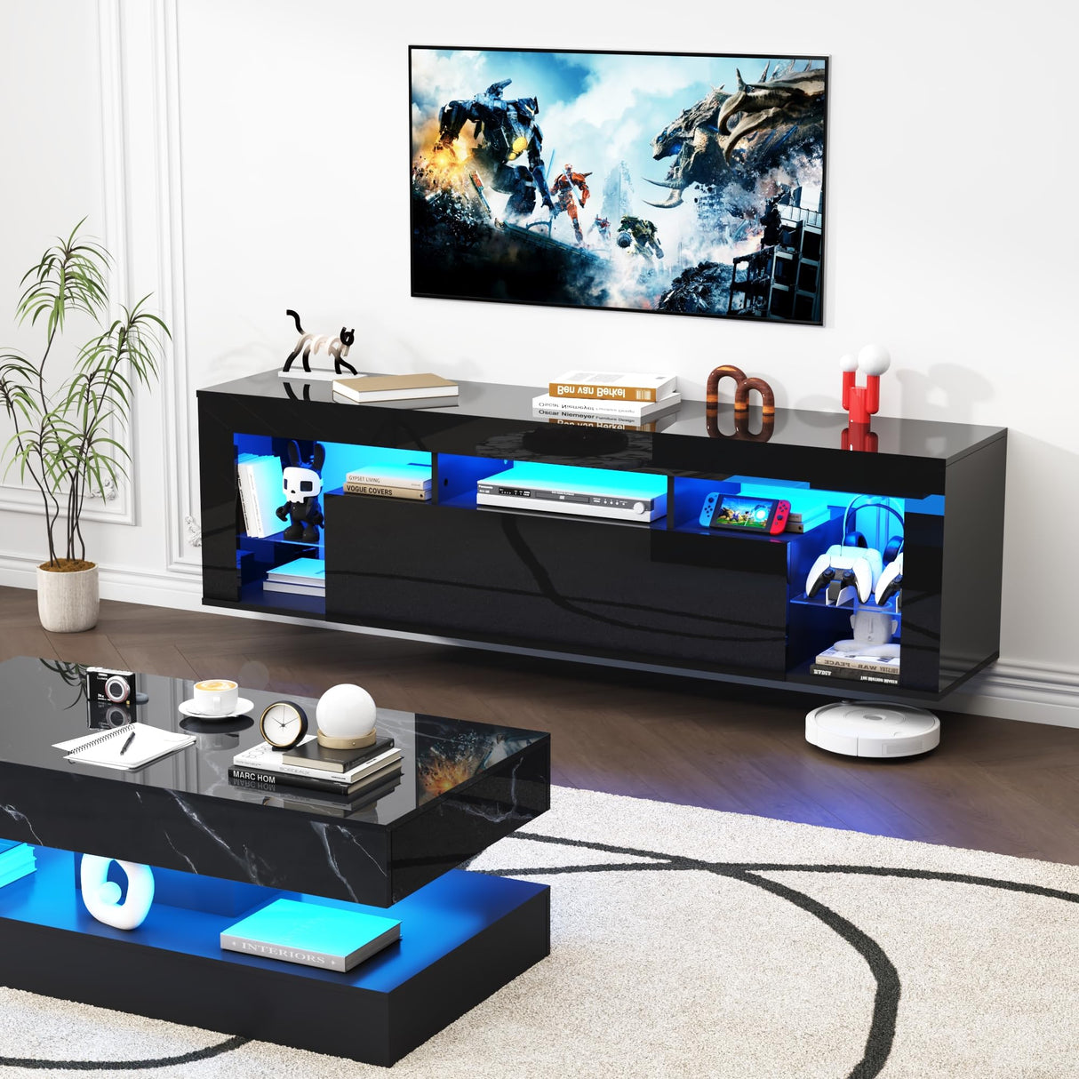 chartustriable 63" Floating High Gloss LED TV Stand for 75" TVs, Wall-Mounted Entertainment Center, Modern Media Console with Open Adjustable Glass Shelf and Hidden Storage Cabinet, Black chartustriable