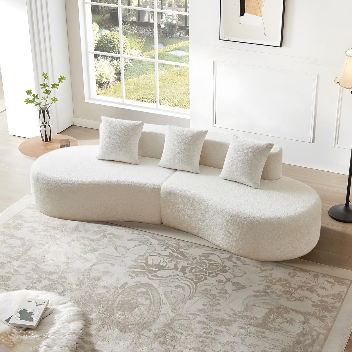 BAMOOLI 109'' Curved Couch, Mid Century Modern Half Moon Sofa, Luxury 3-Seat Couch with High-Density Foam Filled, Raindrop Velvet Fabric Sectional Sofa for Living Room, Apartment, Office, White BAMOOLI