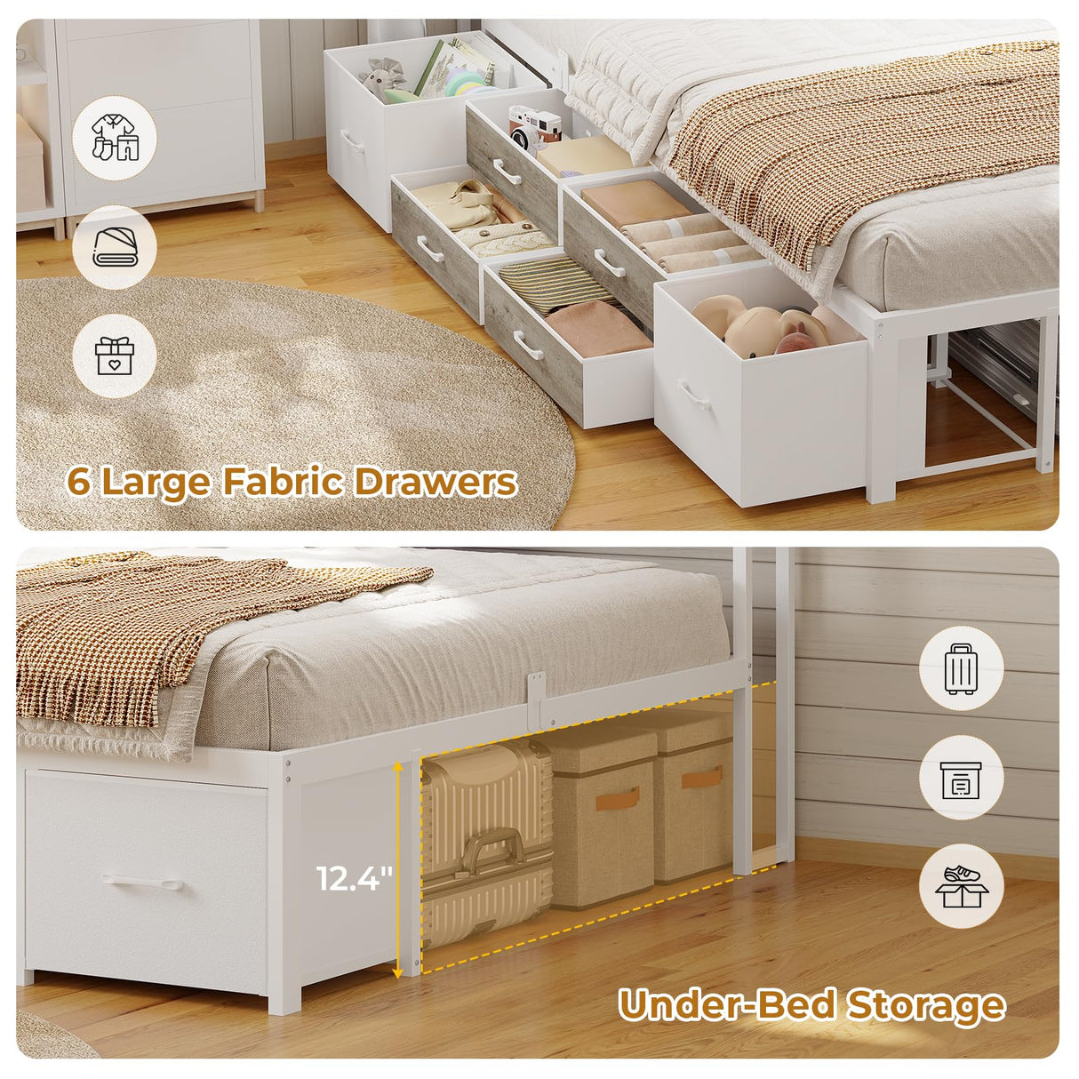 MSmask 14 Inch Corner Bed Frame with Bookcase Storage, Full Daybed with 6 Drawers, Charging Station and LED Light, Full Size Metal Platform Bed Frame for Kids Teenagers, White & Oak Grey MSmask