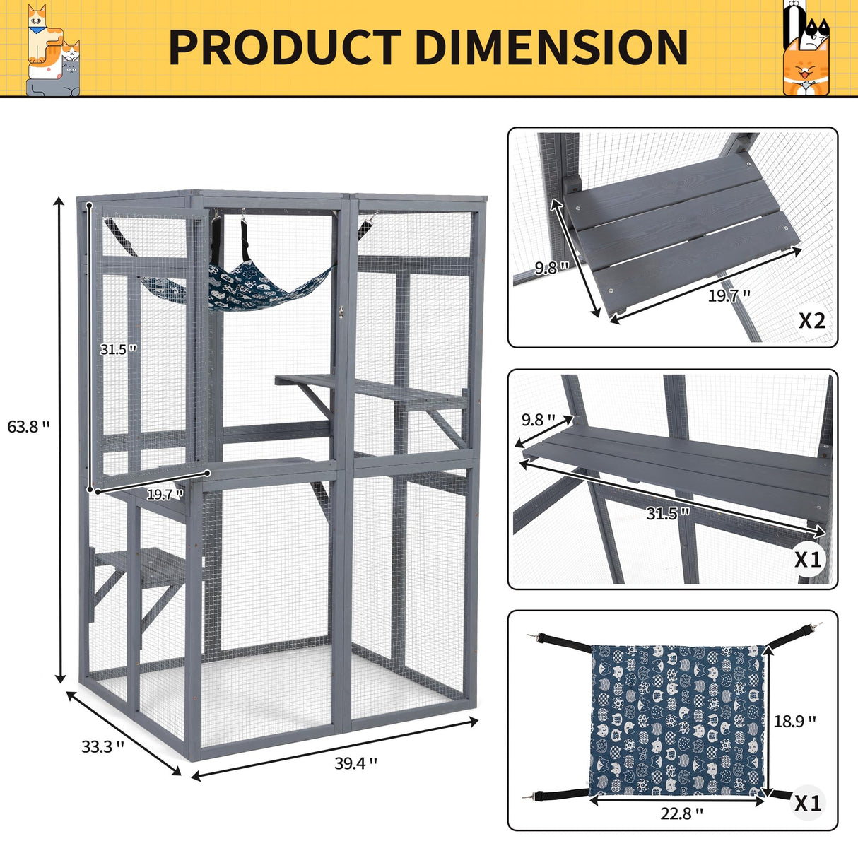 Catio Outdoor Cat Enclosure, Wooden Catio with Window Access for Patio, Indooe Kitty House (Grey) Nyeekoy