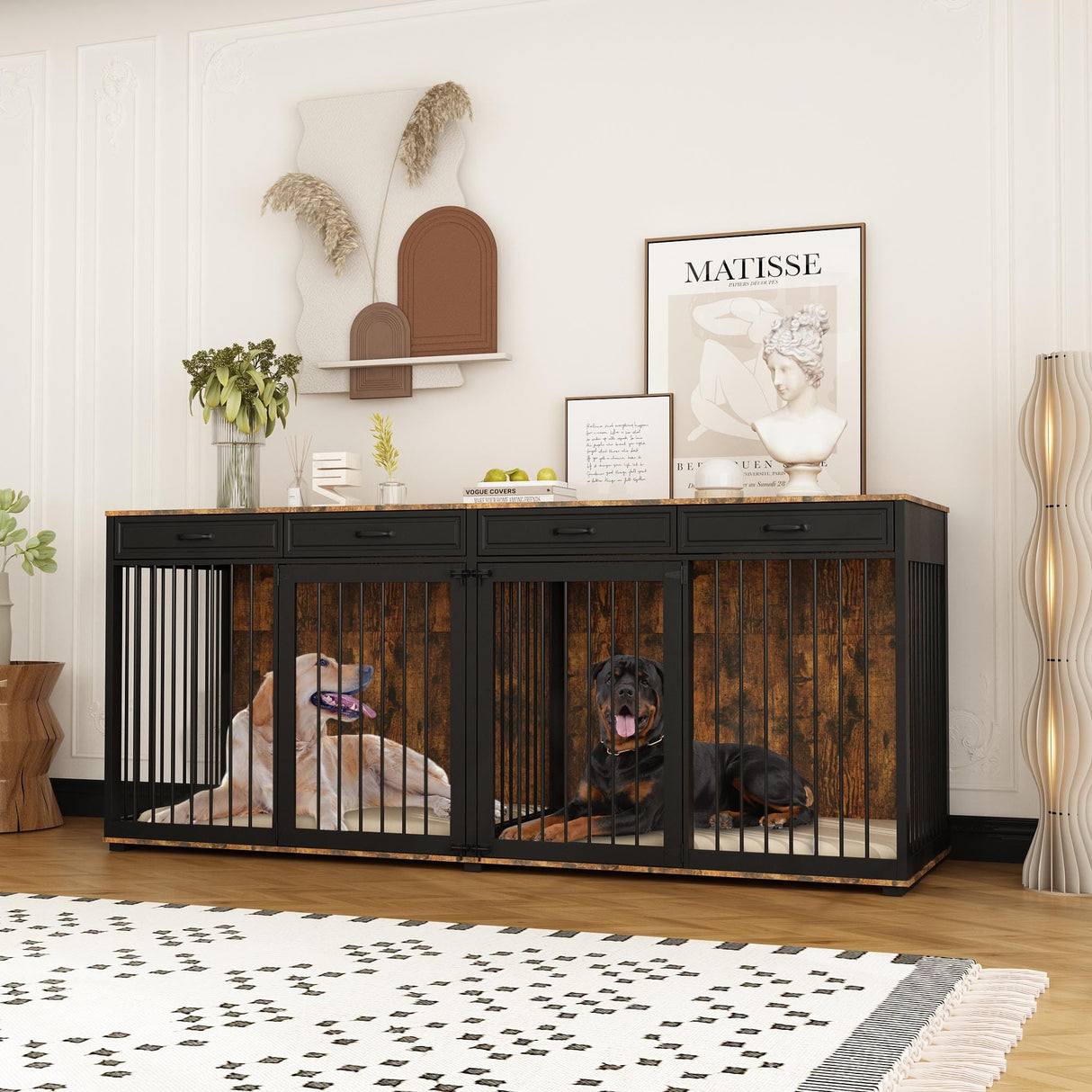 Timechee 93" Extra Large Dog Crate with Double Rooms, Heavy Duty Wooden Dog Cage Furniture Dog Crate Kennel with Drawers & Removable Divider,Indoor Luxury Dog House for Large Medium Dogs, Rustic Brown Timechee