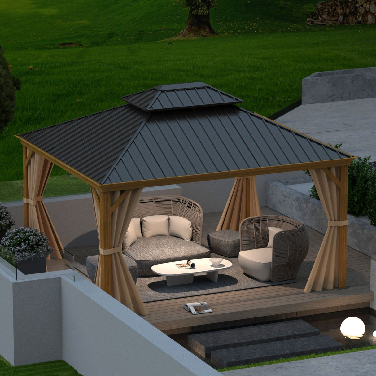 Domi 10'x12' Outdoor Hardtop Gazebo Permanent Canopy with Galvanized Steel Roof,Aluminum Frame,Curtains and Netting,for Patios,Backyard,Lawns(Wood Grain Coated) domi outdoor living