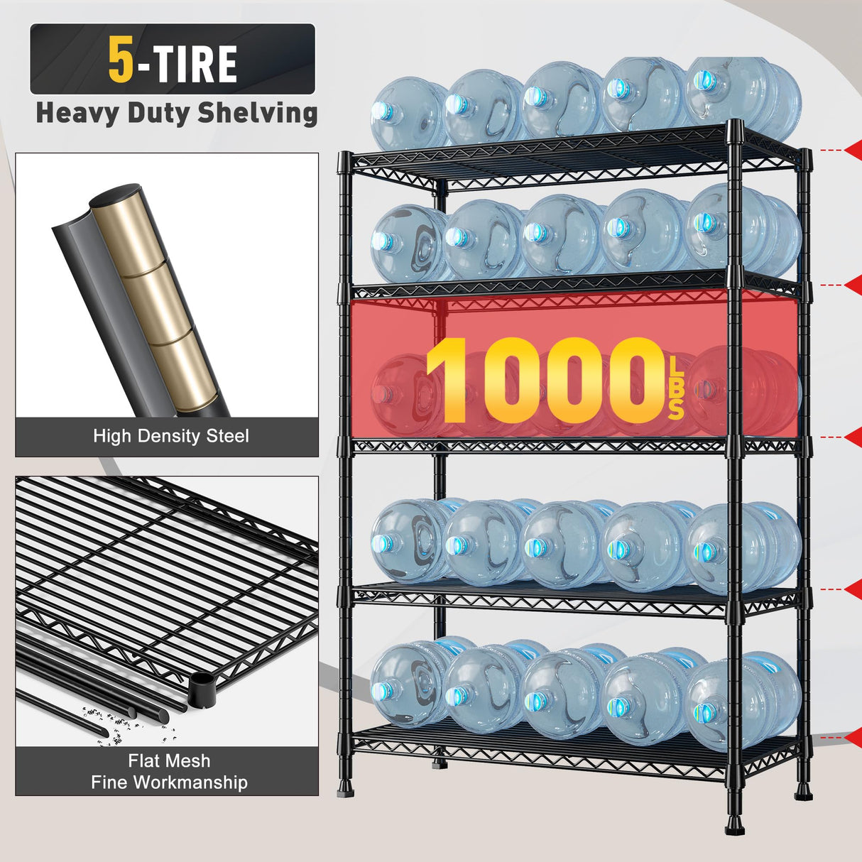 REIBII Storage Shelves, 5-Tire Wire Shelving Load 1000LBS Metal Shelves for Storage Adjustable Garage Shelving Unit Wire Shelf Rack Kitchen Storage Rack Pantry Shelves 31.5''W x 15.7'' D x 71''H REIBII