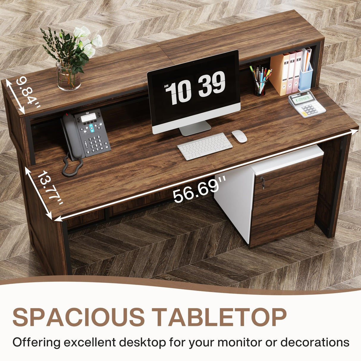 Tribesigns Reception Desk with Counter, 57-Inch Rustic Front Receptionist Table, Boho Welcome Desk Checkout Counter for Office, Retail, Lobby, Beauty Salon (Brown) Tribesigns