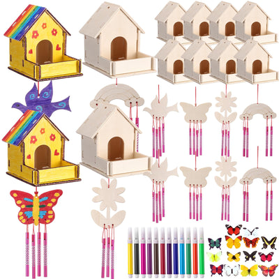 Feifeiya 12 Sets DIY Bird House Wind Chime Kit to Build and Paint 12 Unfinished Wooden Bird House 12 Wind Chime 19 Butterfly Sticker 12 Watercolor Pen Arts and Crafts for Activity(Classic)
